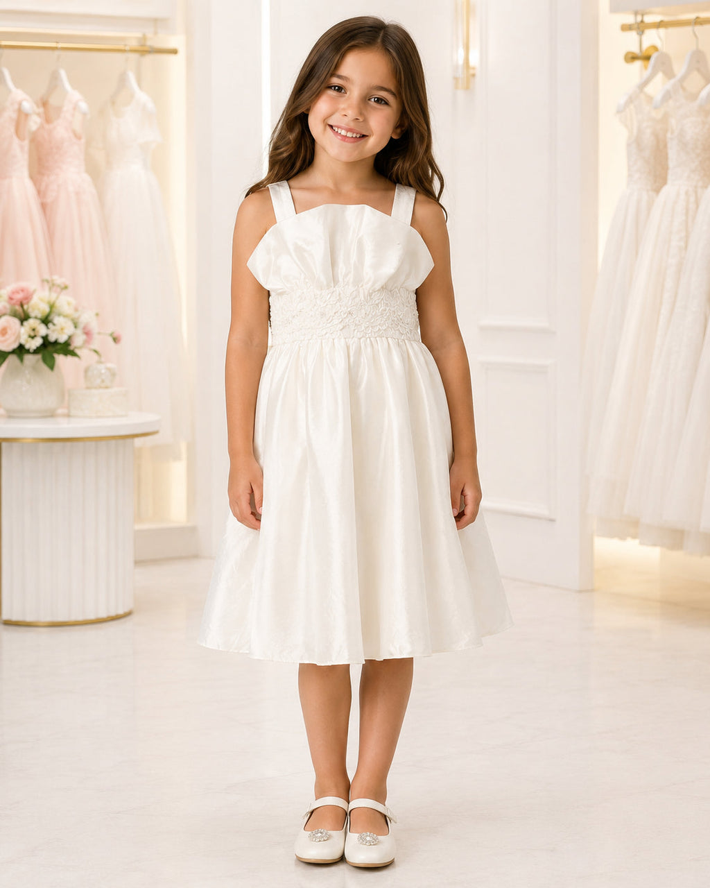 Girls Ivory Taffeta Square-Neck Flower Girl Dress - Front View | Afayi Commerce