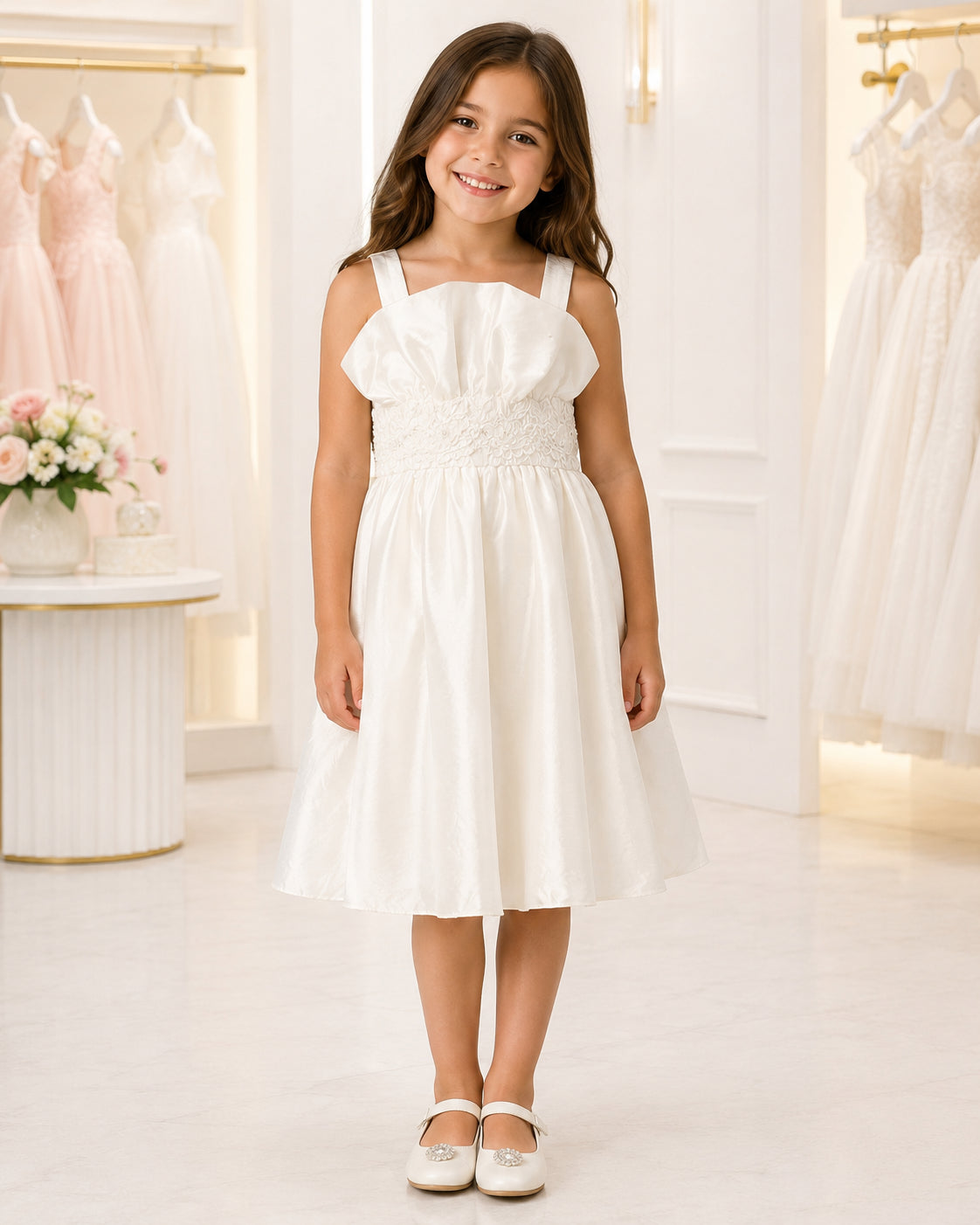 Girls Ivory Taffeta Square-Neck Flower Girl Dress - Front View | Afayi Commerce