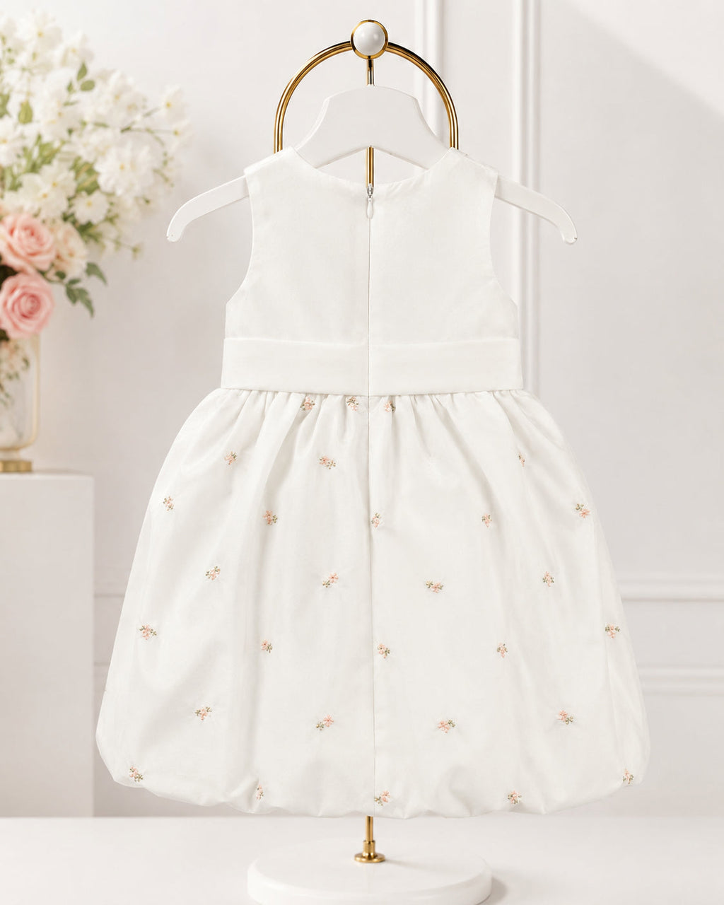 Girls Ivory Satin Rosebud Bubble-Hem Dress - Back View 4 | Afayi Commerce