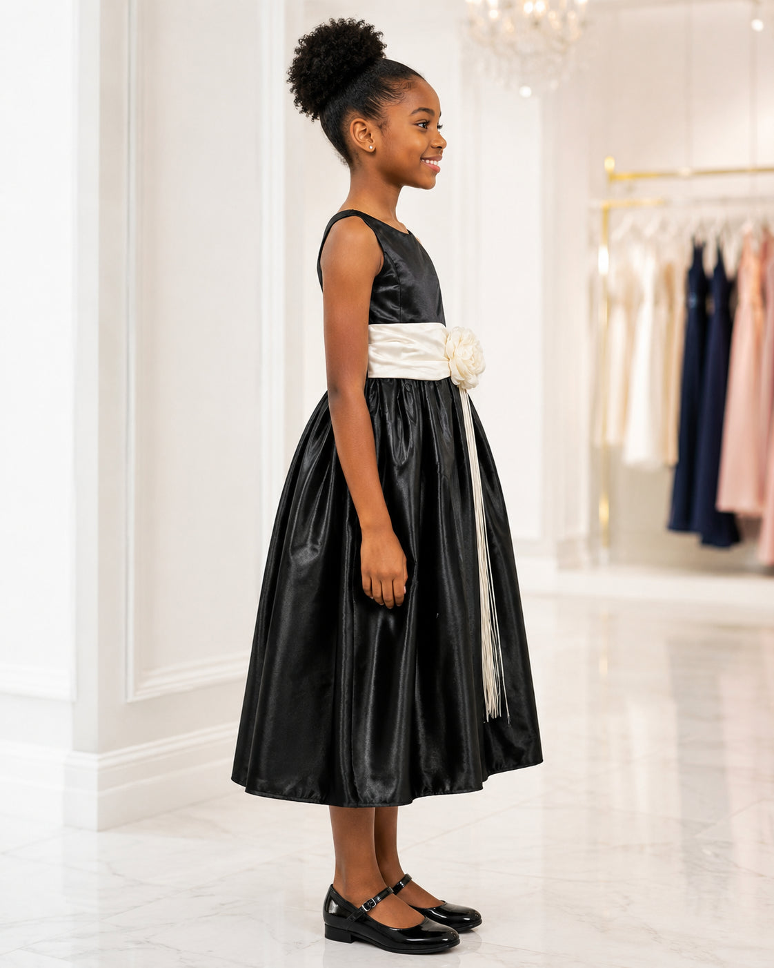 Girls Black Satin Ivory-Sash Flower Girl Dress - Side View | Afayi Commerce