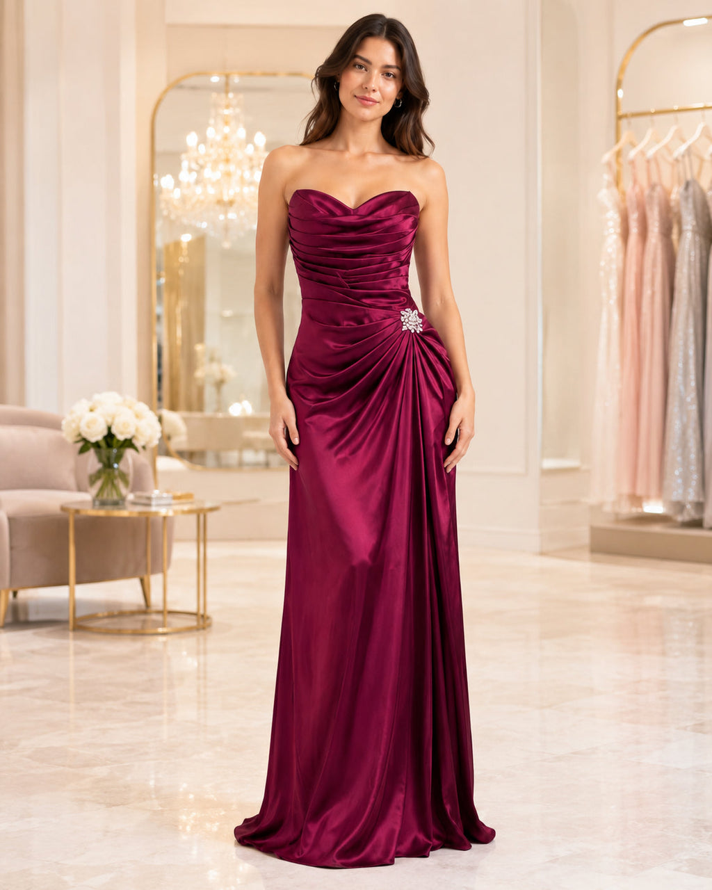 Magenta Satin Ruched Mermaid Gown - Alternate View 1 | Afayi Commerce