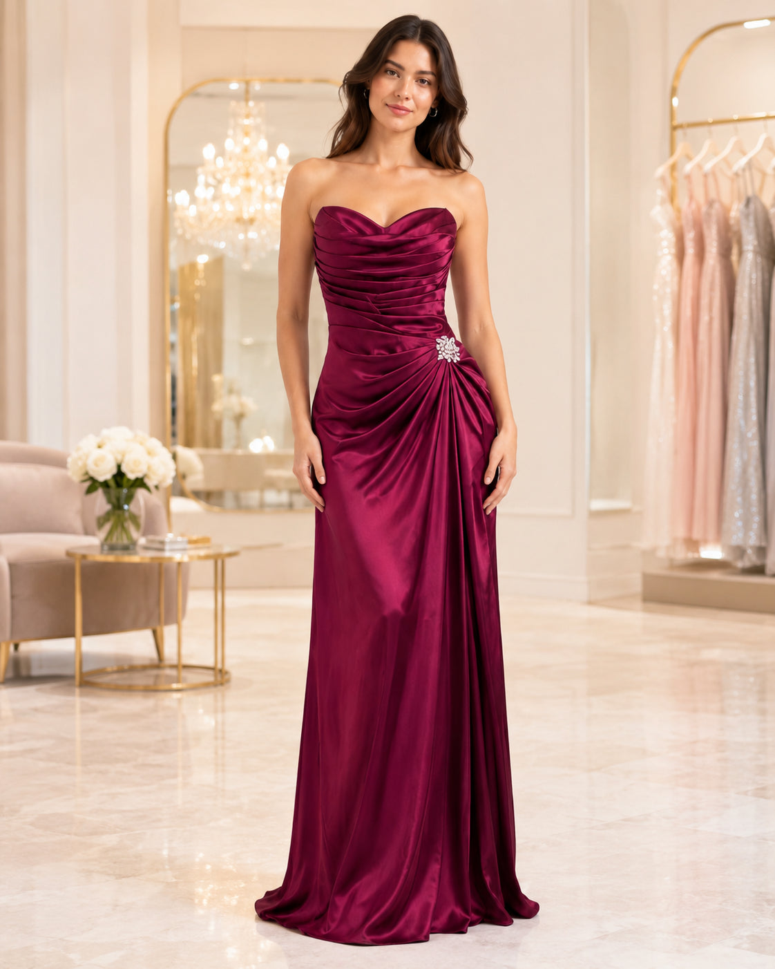 Magenta Satin Ruched Mermaid Gown - Alternate View 1 | Afayi Commerce