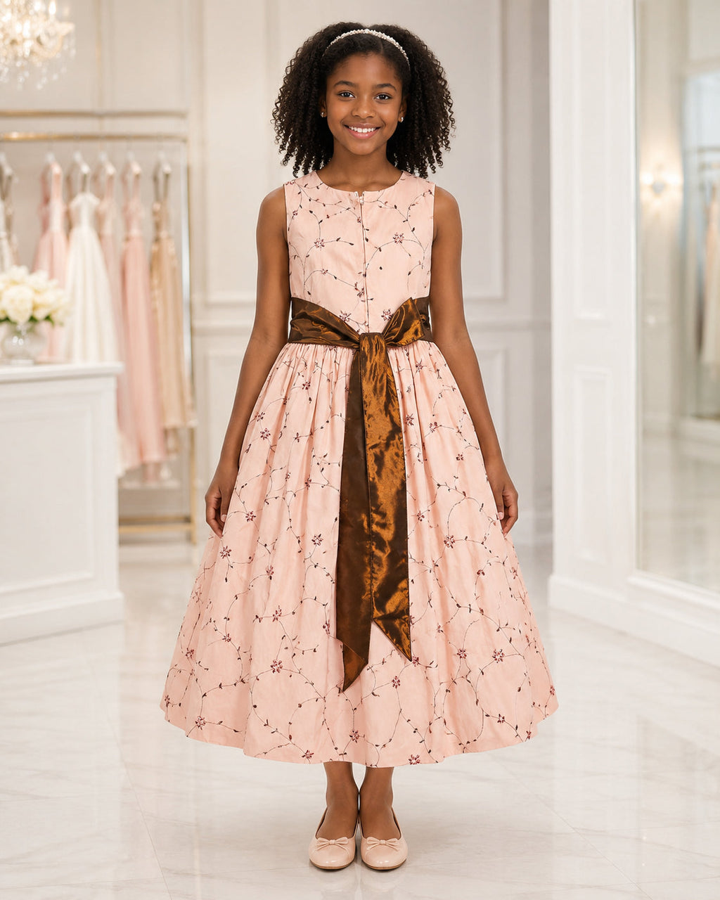 Girls Blush Floral Embroidered Bronze-Sash Dress - Front View | Afayi Commerce