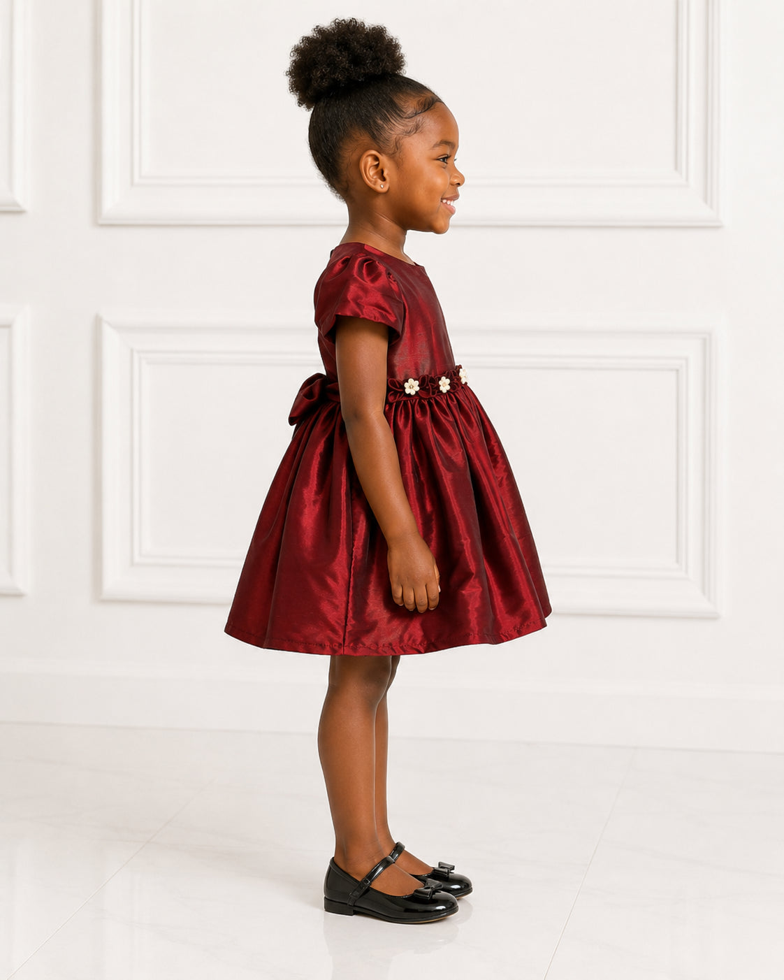 Girls Burgundy Taffeta Puff-Sleeve Holiday Dress - Side View | Afayi Commerce