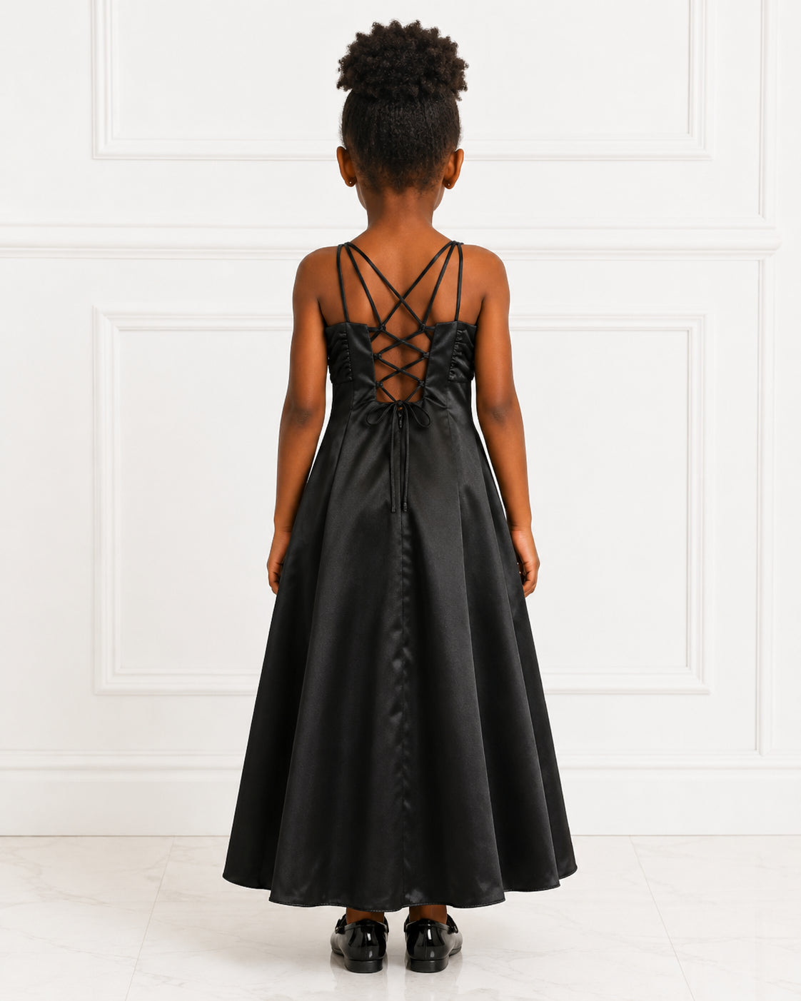 Girls Black Satin Beaded-Bodice Party Gown - Back View | Afayi Commerce