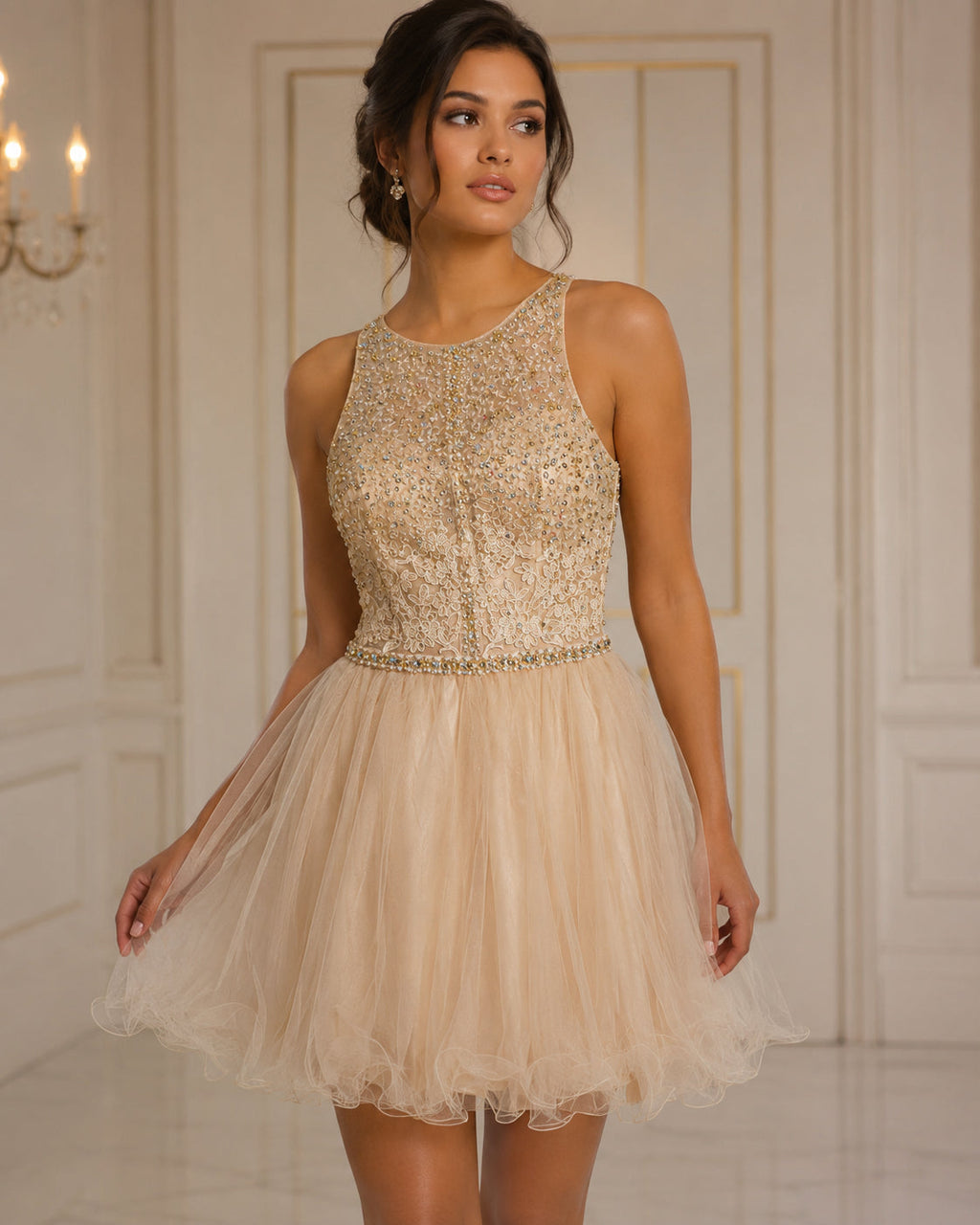 Champagne Gold Beaded Halter Tulle Party Dress - Front View | Afayi Commerce