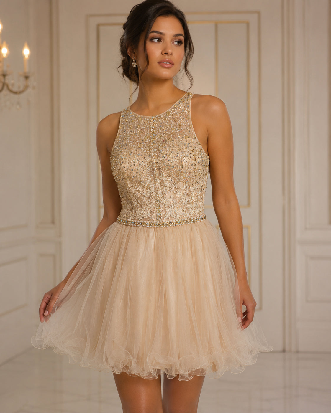 Champagne Gold Beaded Halter Tulle Party Dress - Front View | Afayi Commerce