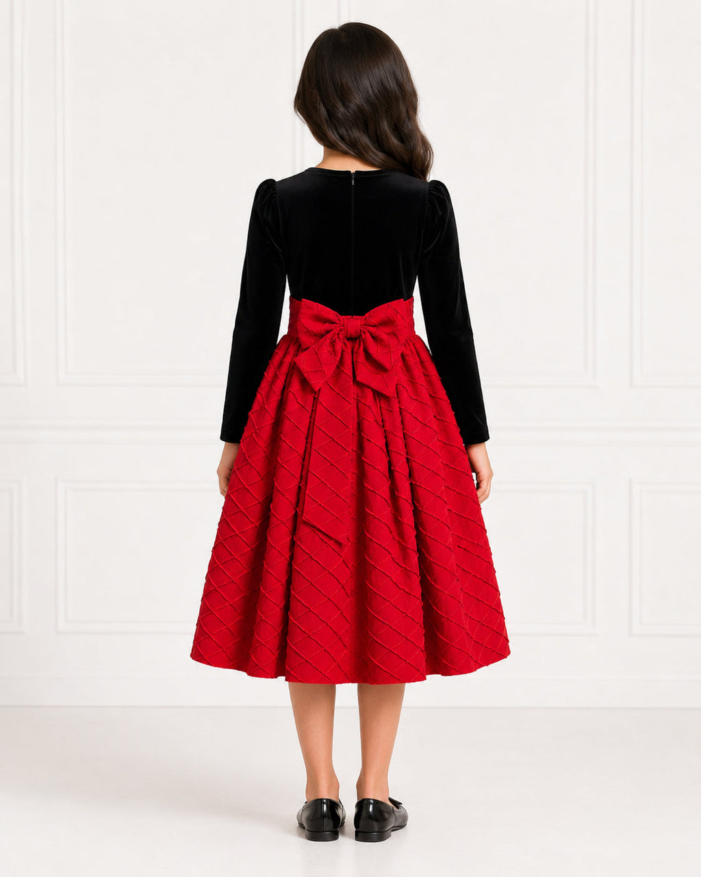 Girls Crimson Quilted Velvet Holiday Dress - Back View | Afayi Commerce