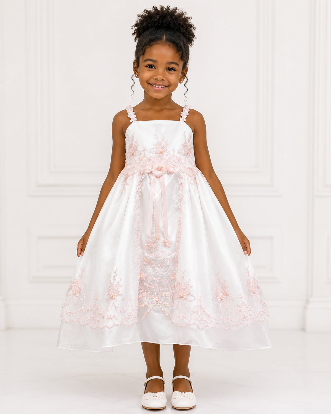 Girls Ivory Pink-Lace Applique Flower Girl Dress - Front View | Afayi Commerce