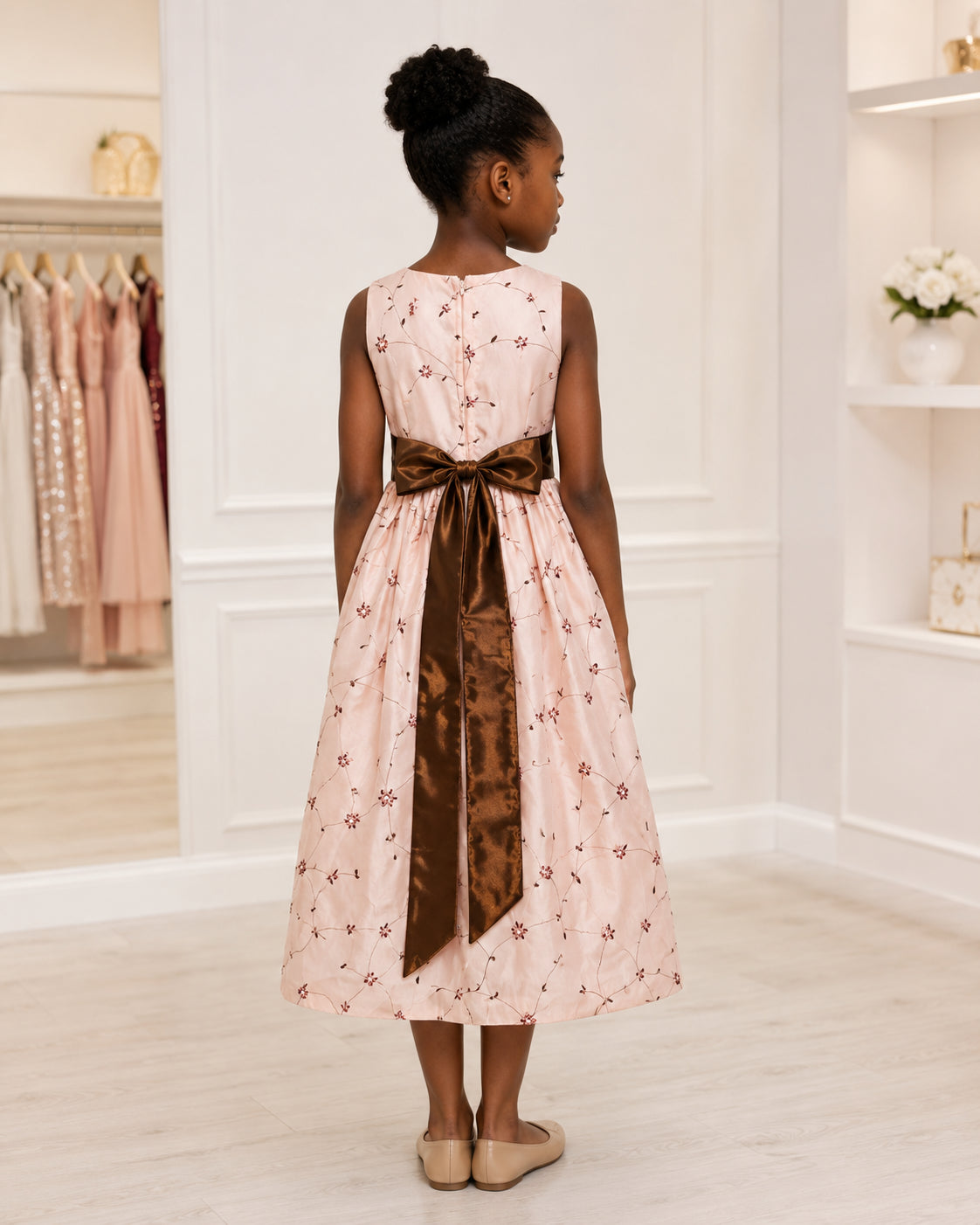 Girls Blush Floral Embroidered Bronze-Sash Dress - Back View | Afayi Commerce