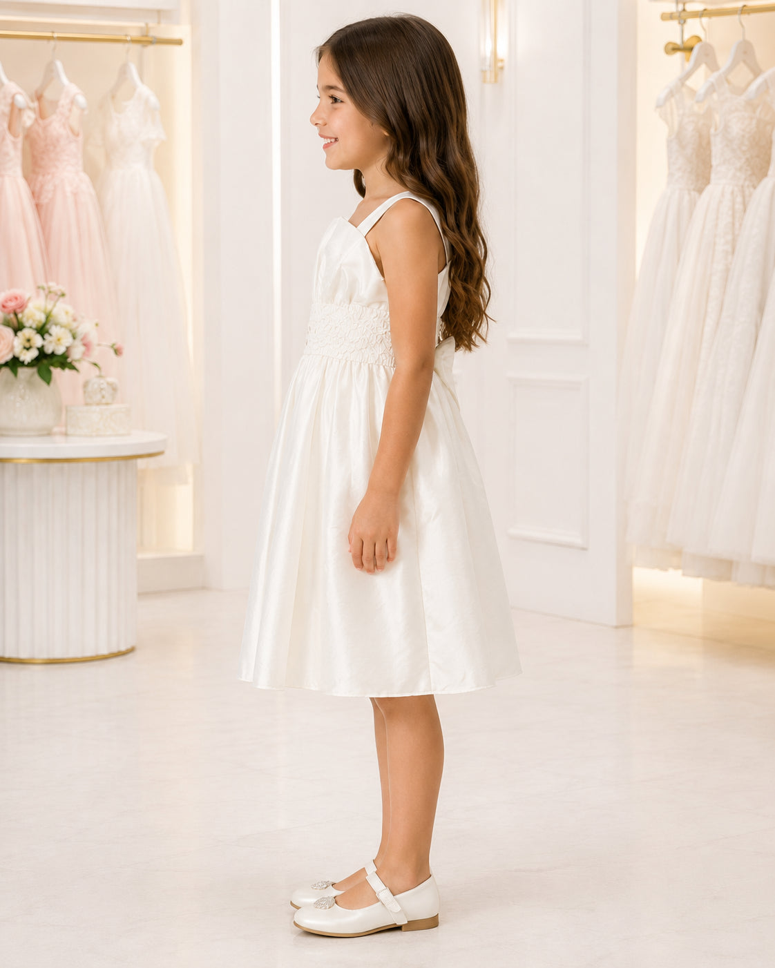 Girls Ivory Taffeta Square-Neck Flower Girl Dress - Side View | Afayi Commerce