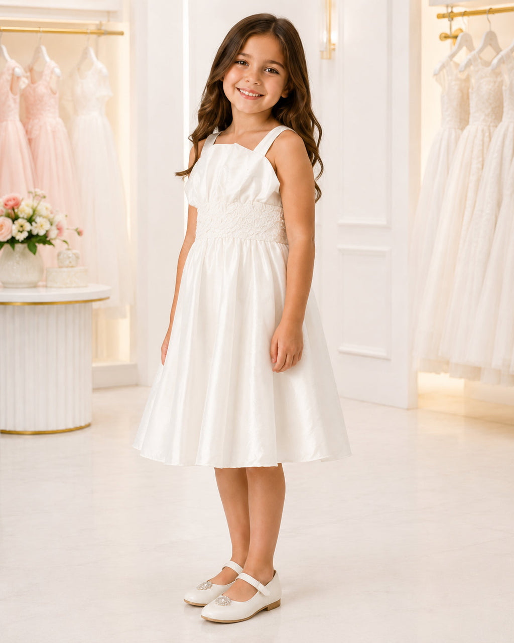 Girls Ivory Taffeta Square-Neck Flower Girl Dress - Front View 2 | Afayi Commerce