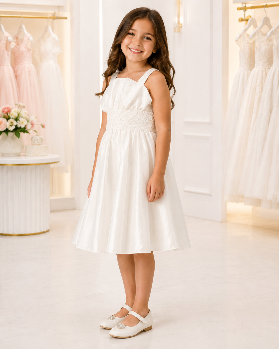 Girls Ivory Taffeta Square-Neck Flower Girl Dress - Front View 2 | Afayi Commerce
