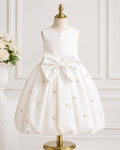 Girls Ivory Satin Rosebud Bubble-Hem Dress - Back View | Afayi Commerce