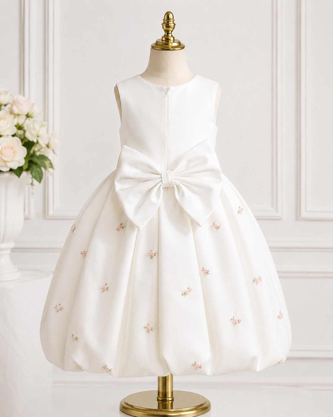 Girls Ivory Satin Rosebud Bubble-Hem Dress - Back View | Afayi Commerce