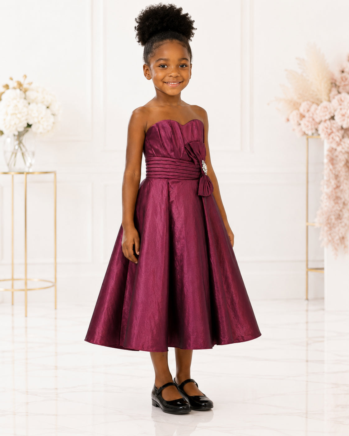 Girls Berry Strapless Ruched Taffeta Party Dress - Front View | Afayi Commerce