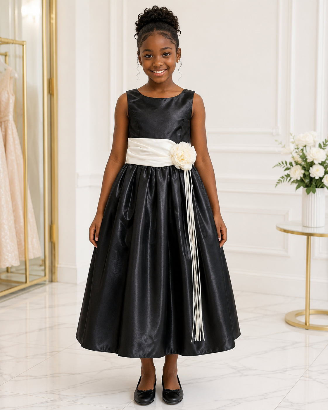 Girls Black Satin Ivory-Sash Flower Girl Dress - Front View | Afayi Commerce
