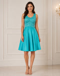 Turquoise Lace Bodice Satin A-Line Dress - Front View | Afayi Commerce