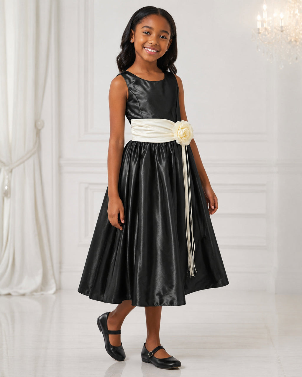 Girls Black Satin Ivory-Sash Flower Girl Dress - Front View 2 | Afayi Commerce