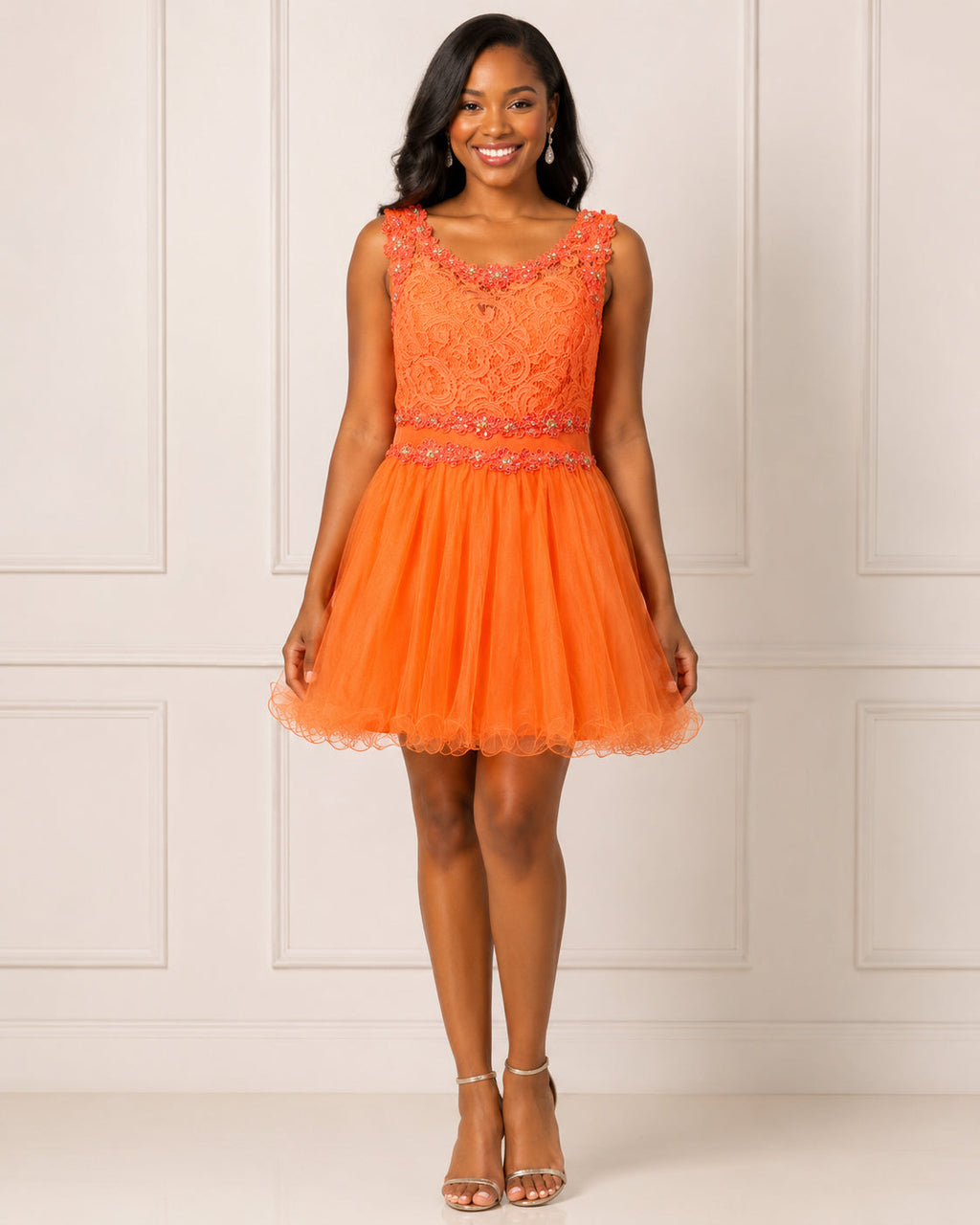 Orange Lace Beaded-Waist Tulle Party Dress - Front View | Afayi Commerce