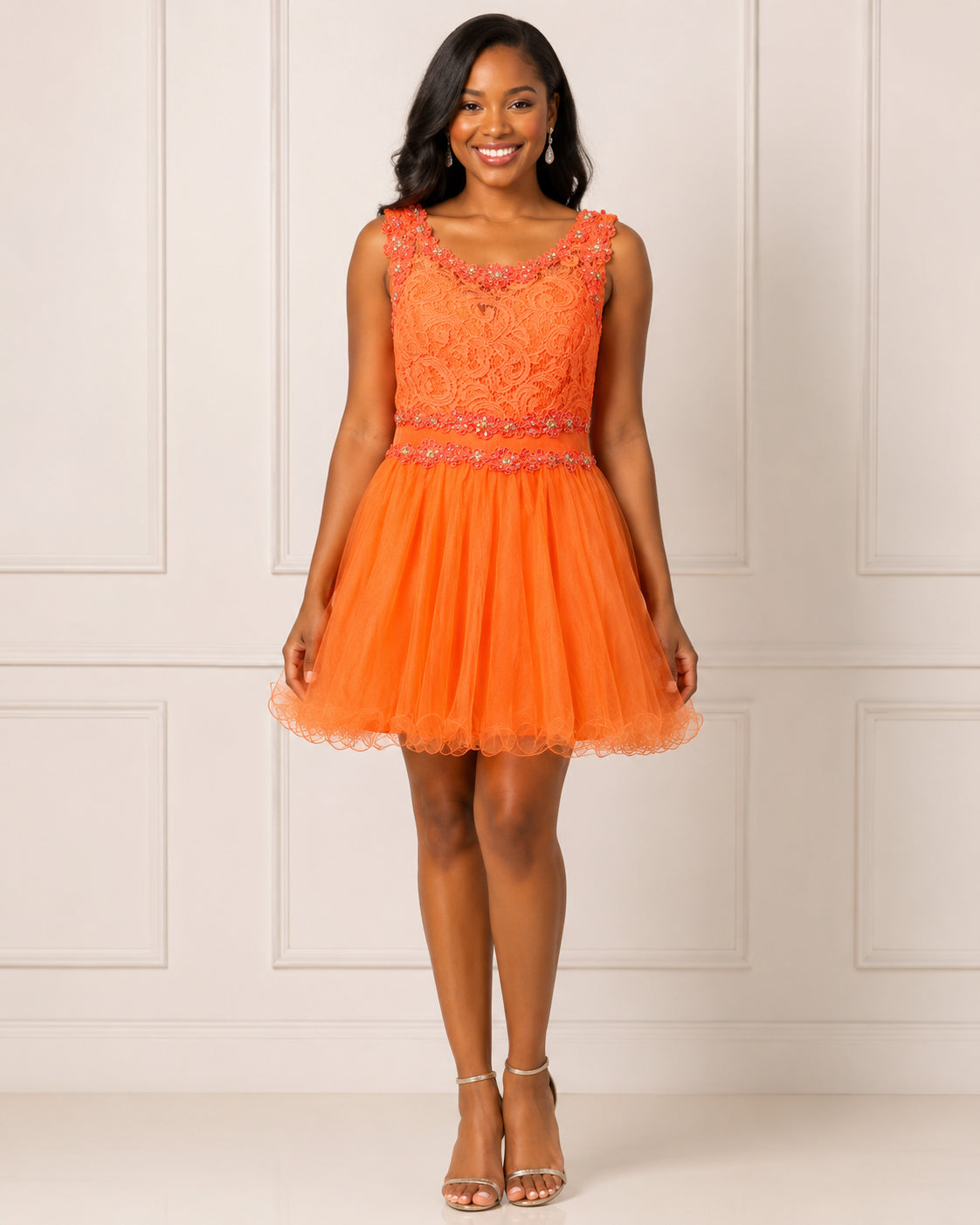 Orange Lace Beaded-Waist Tulle Party Dress - Front View | Afayi Commerce