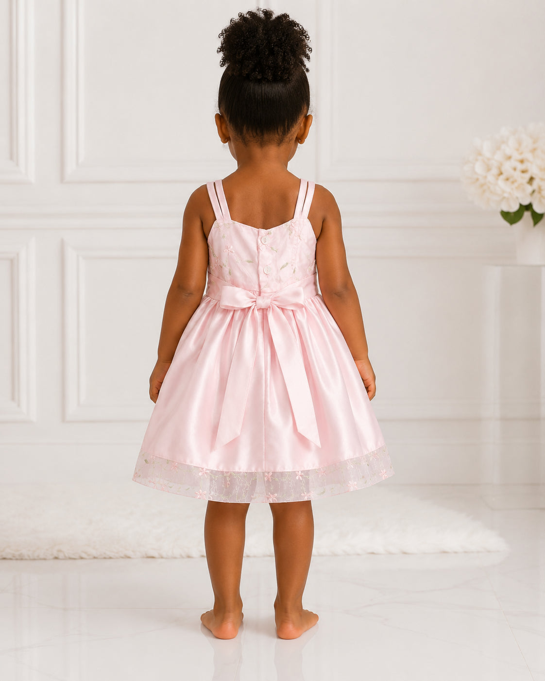 Girls Pink Satin Floral Lace-Hem Party Dress - Back View | Afayi Commerce