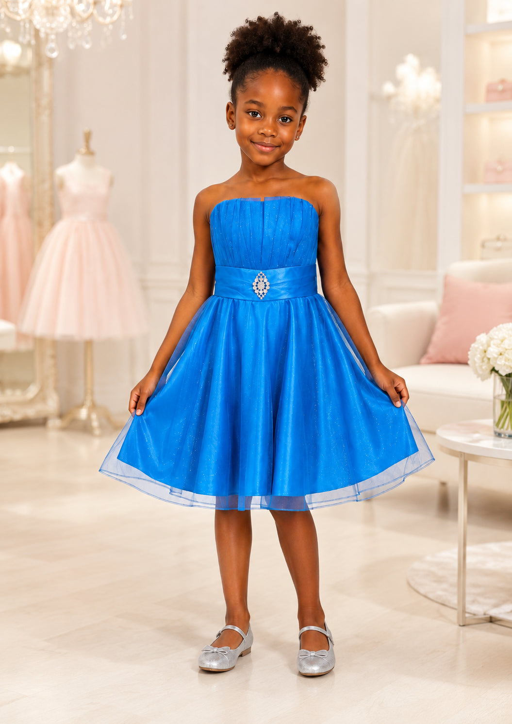 Girls Royal Blue Rhinestone Tulle Party Dress - Front View 2 | Afayi Commerce