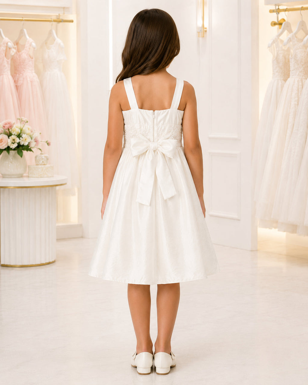 Girls Ivory Taffeta Square-Neck Flower Girl Dress - Back View | Afayi Commerce
