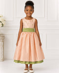 Girls Peach Taffeta Sage-Sash Flower Girl Dress - Front View | Afayi Commerce