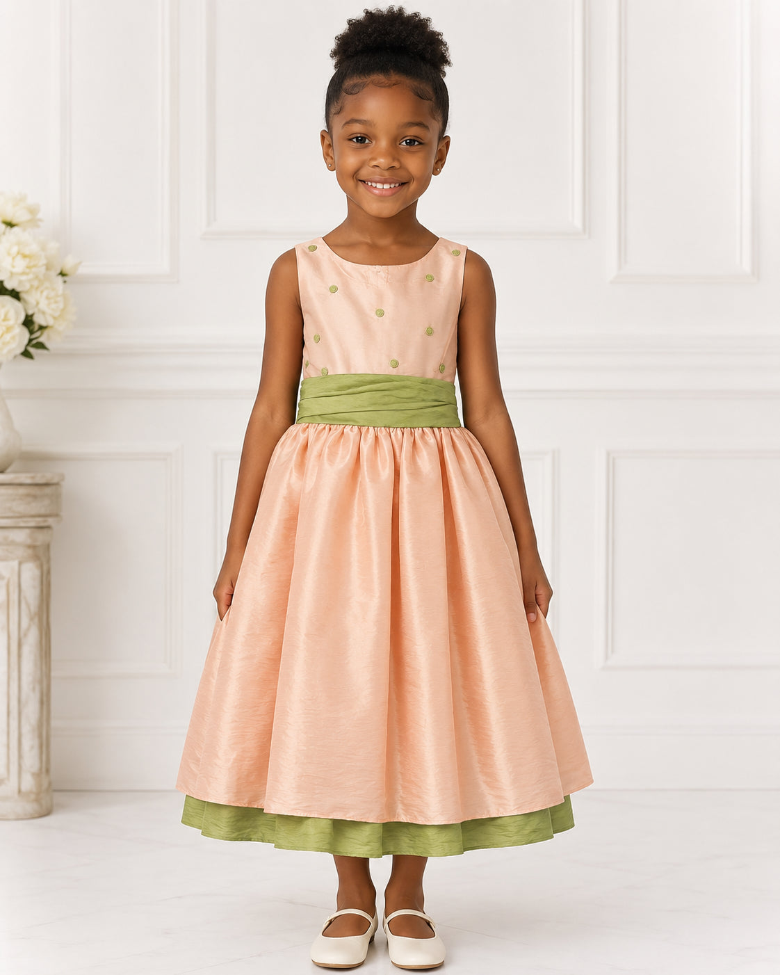 Girls Peach Taffeta Sage-Sash Flower Girl Dress - Front View | Afayi Commerce