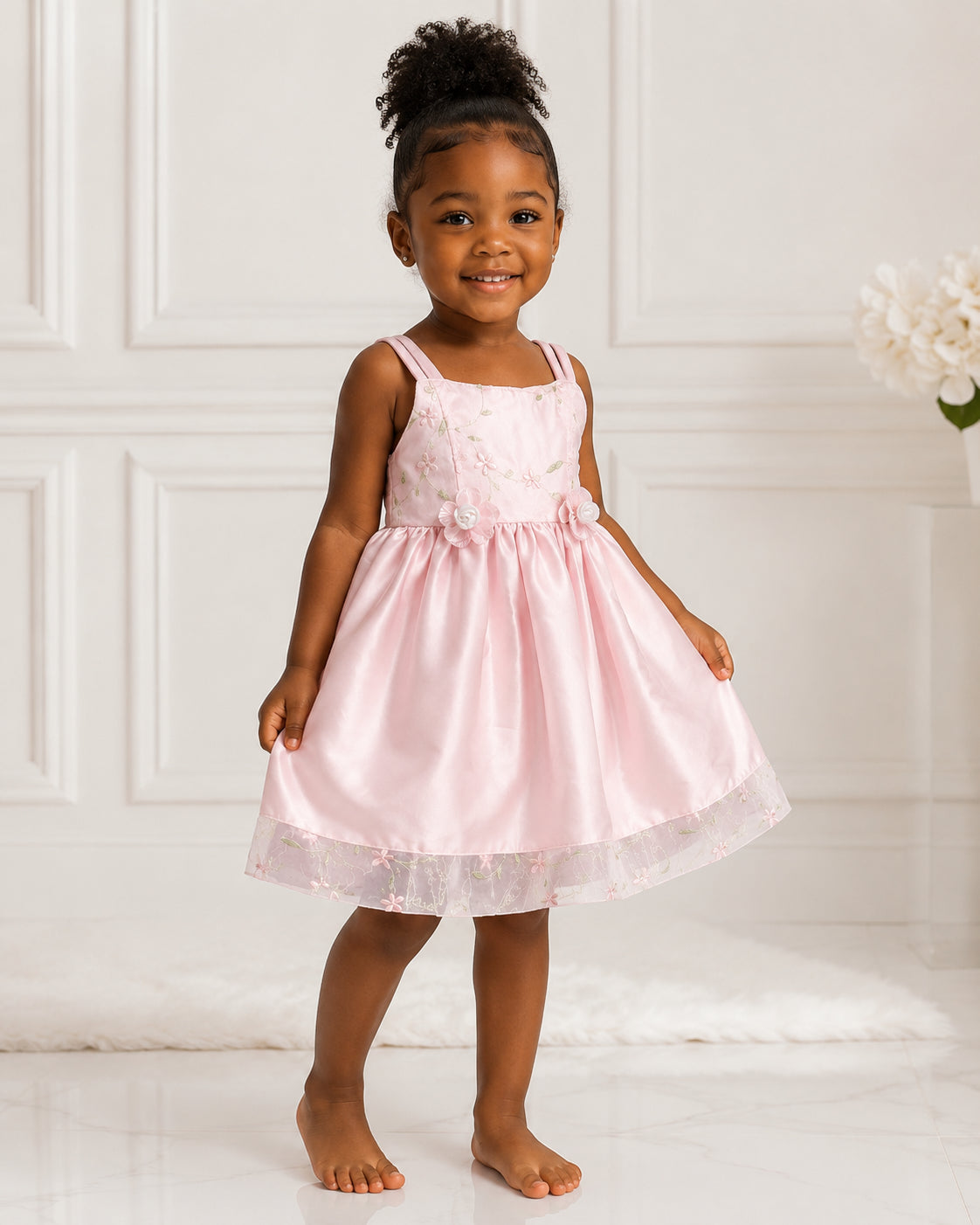 Girls Pink Satin Floral Lace-Hem Party Dress - Front View 2 | Afayi Commerce