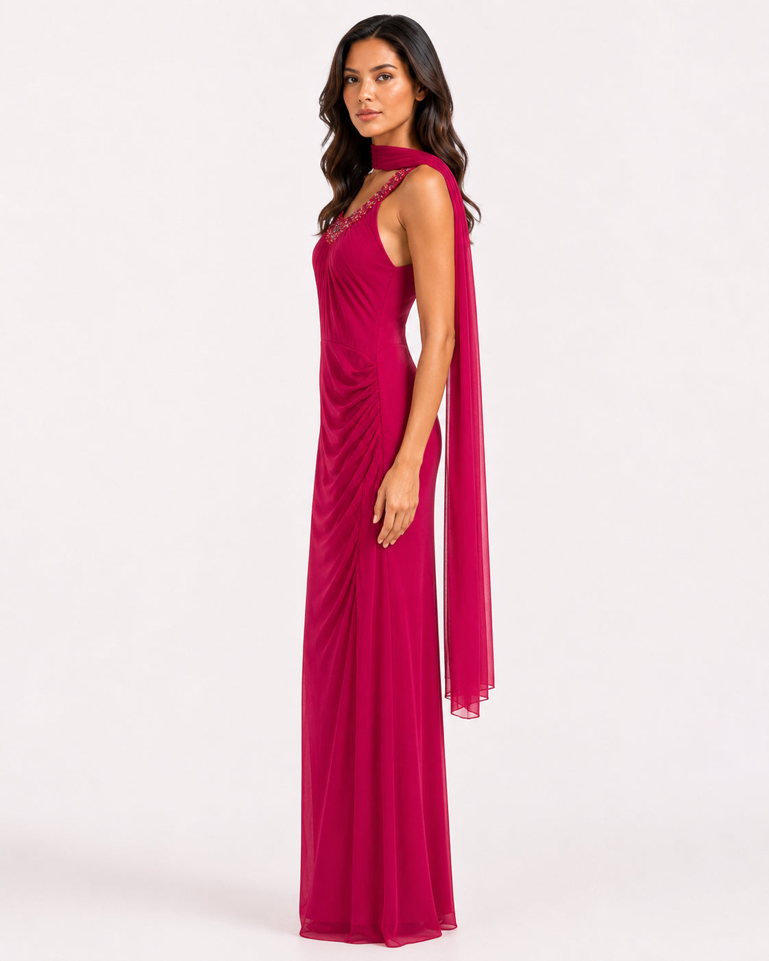 Raspberry Beaded Scoop-Neck Draped Gown - Alternate View 1 | Afayi Commerce