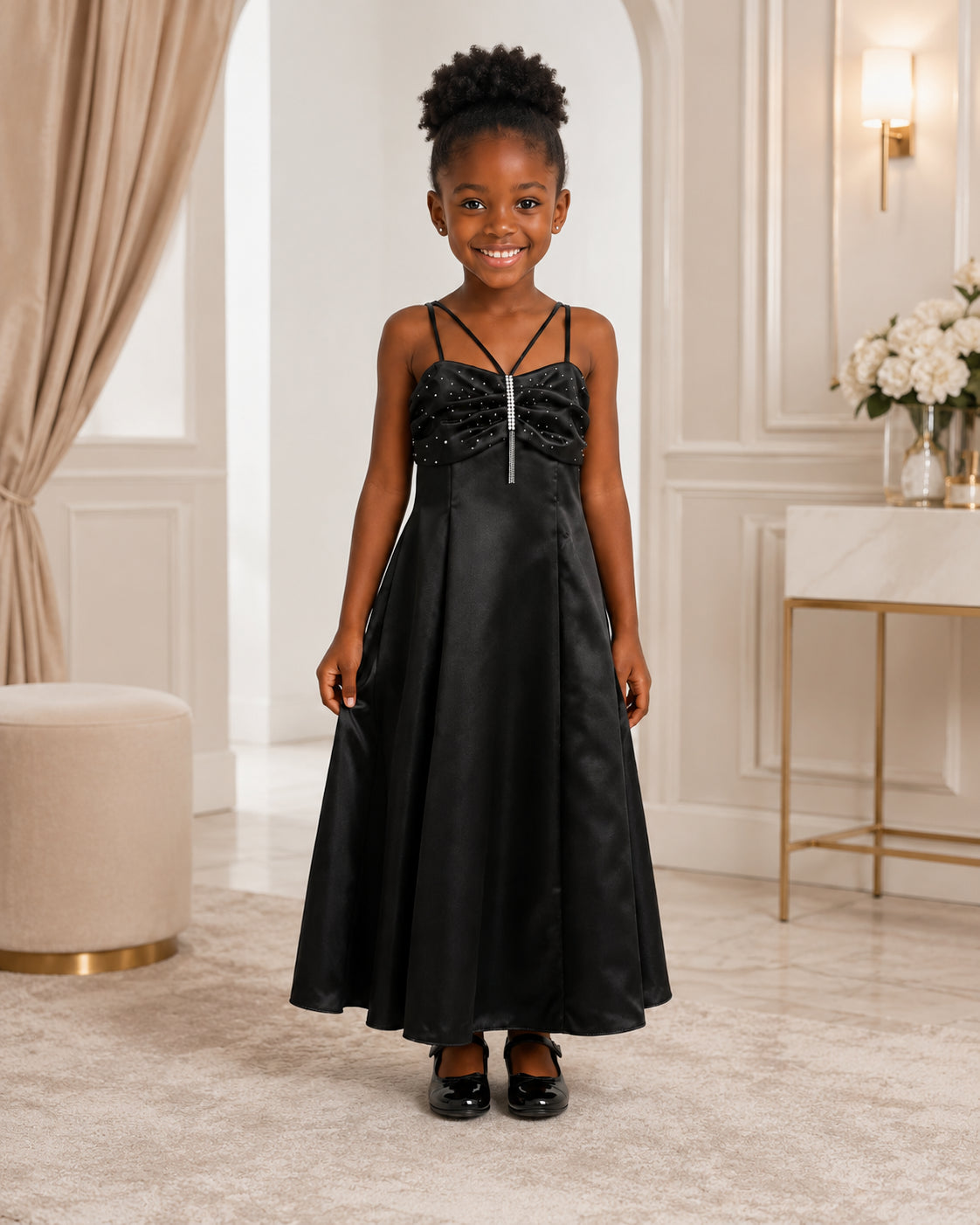 Girls Black Satin Beaded-Bodice Party Gown - Front View | Afayi Commerce