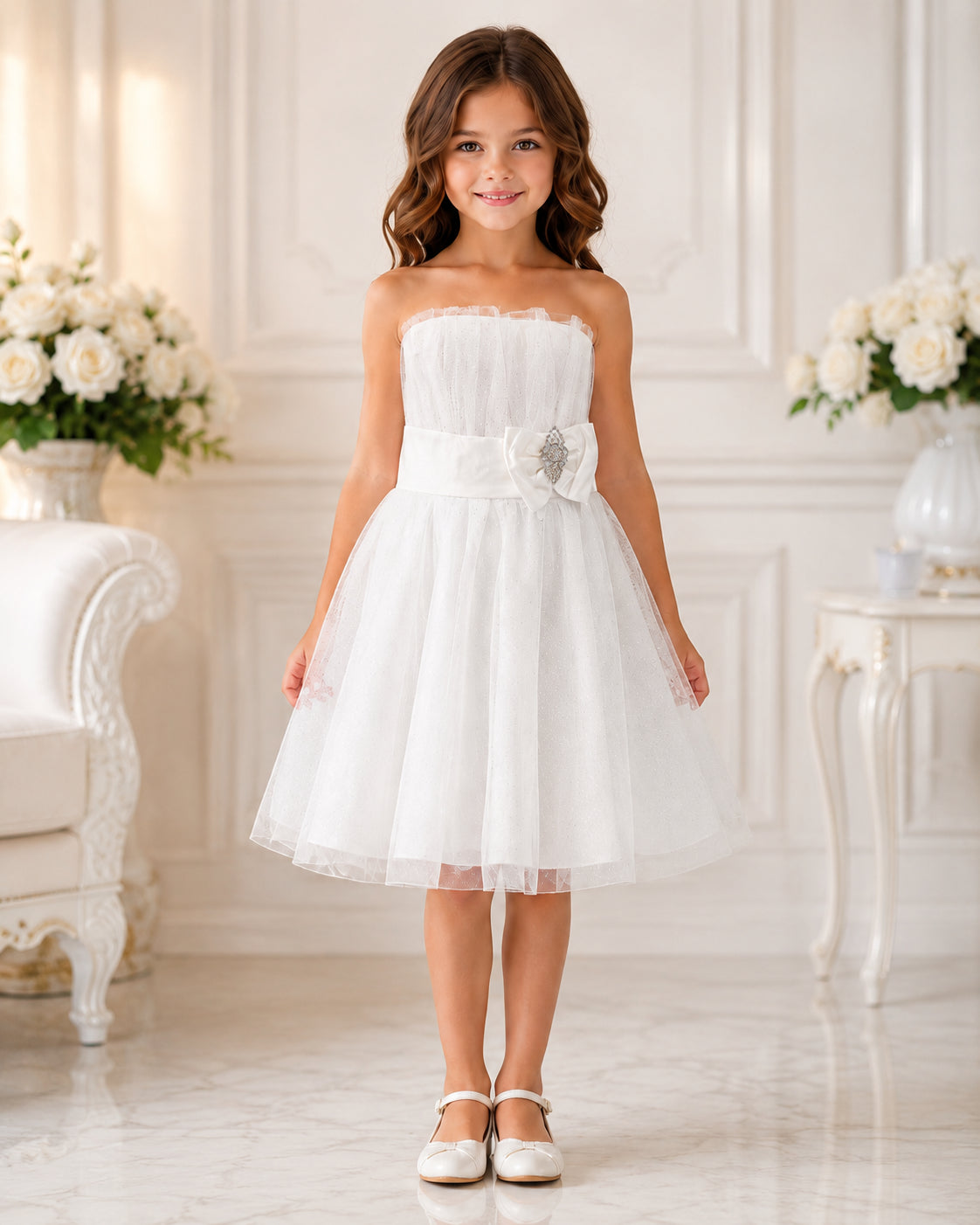 Girls Ivory Tulle Bow Sash Flower Girl Dress - Front View 3 | Afayi Commerce