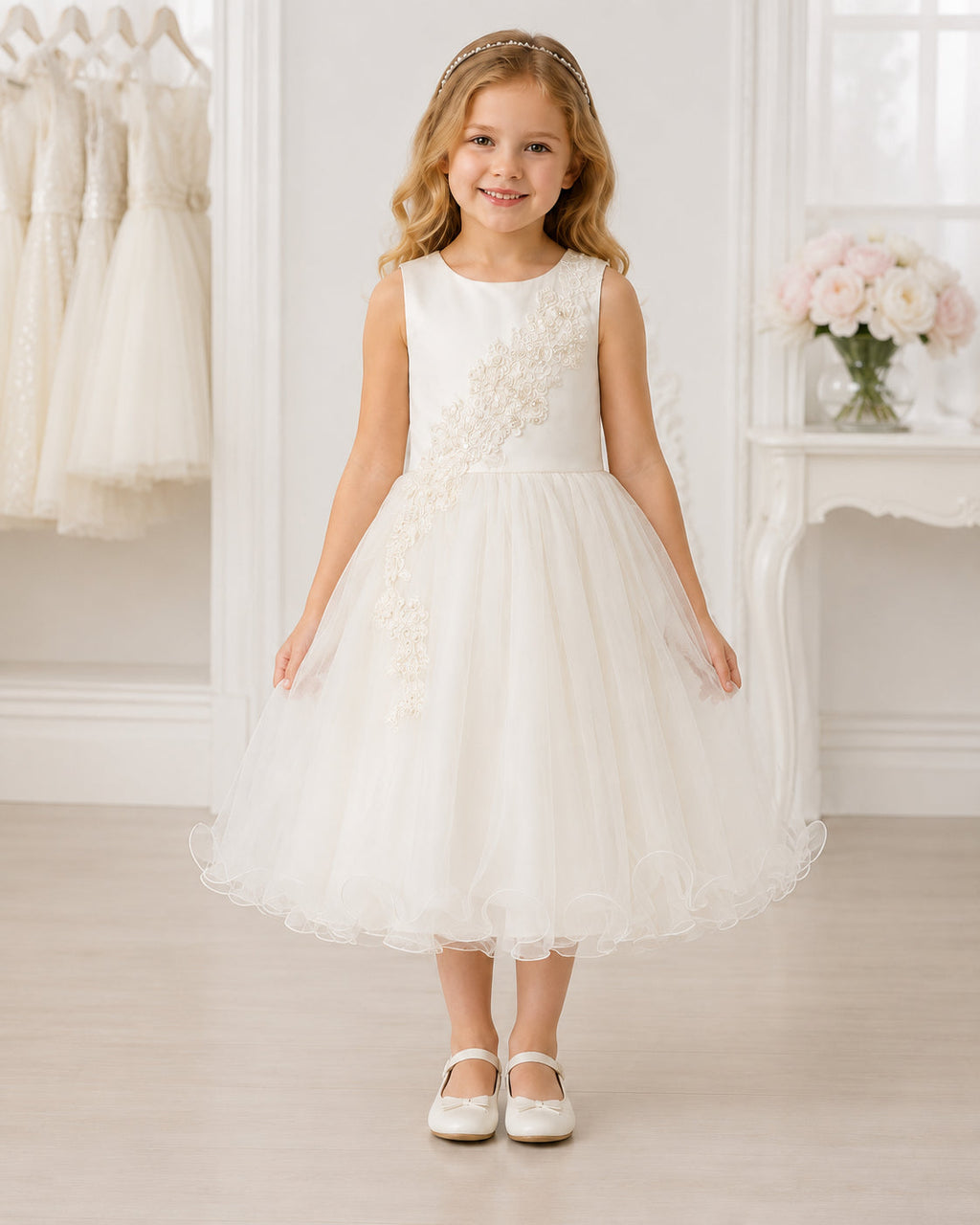 Girls Ivory Tulle Floral Applique Flower Girl Dress - Front View | Afayi Commerce