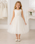 Girls Ivory Tulle Floral Applique Flower Girl Dress - Front View | Afayi Commerce