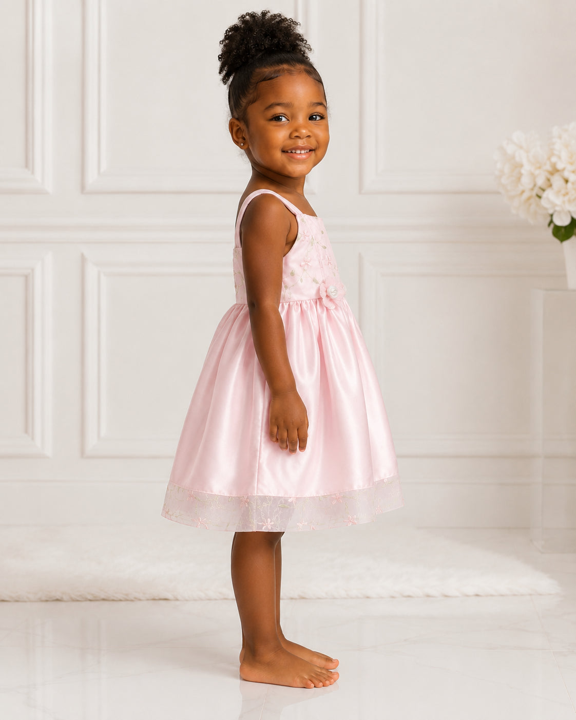 Girls Pink Satin Floral Lace-Hem Party Dress - Side View | Afayi Commerce