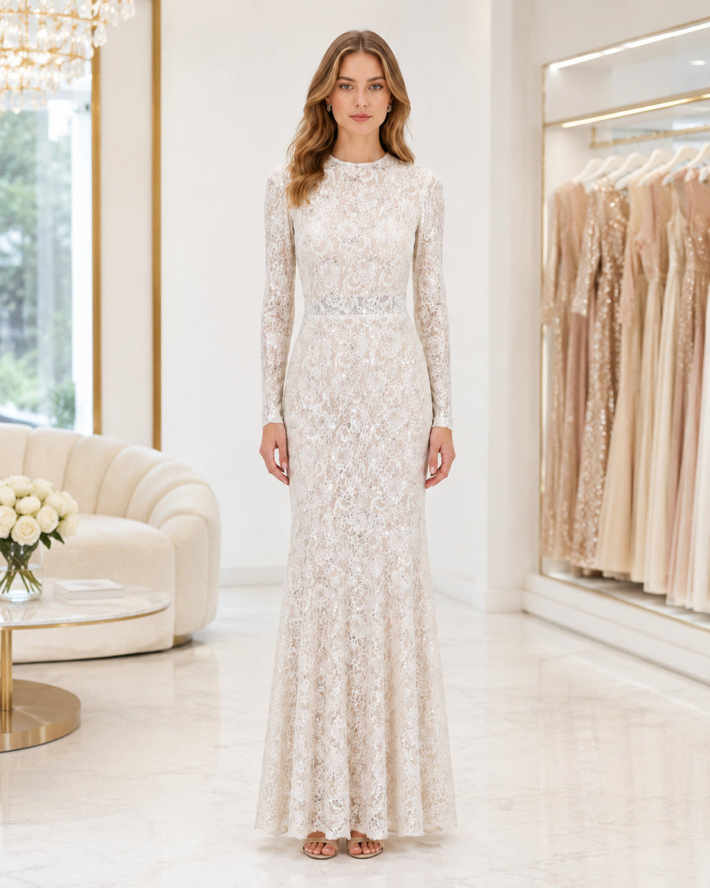 Ivory Floral Lace Long-Sleeve Mermaid Gown - Alternate View 4 | Afayi Commerce