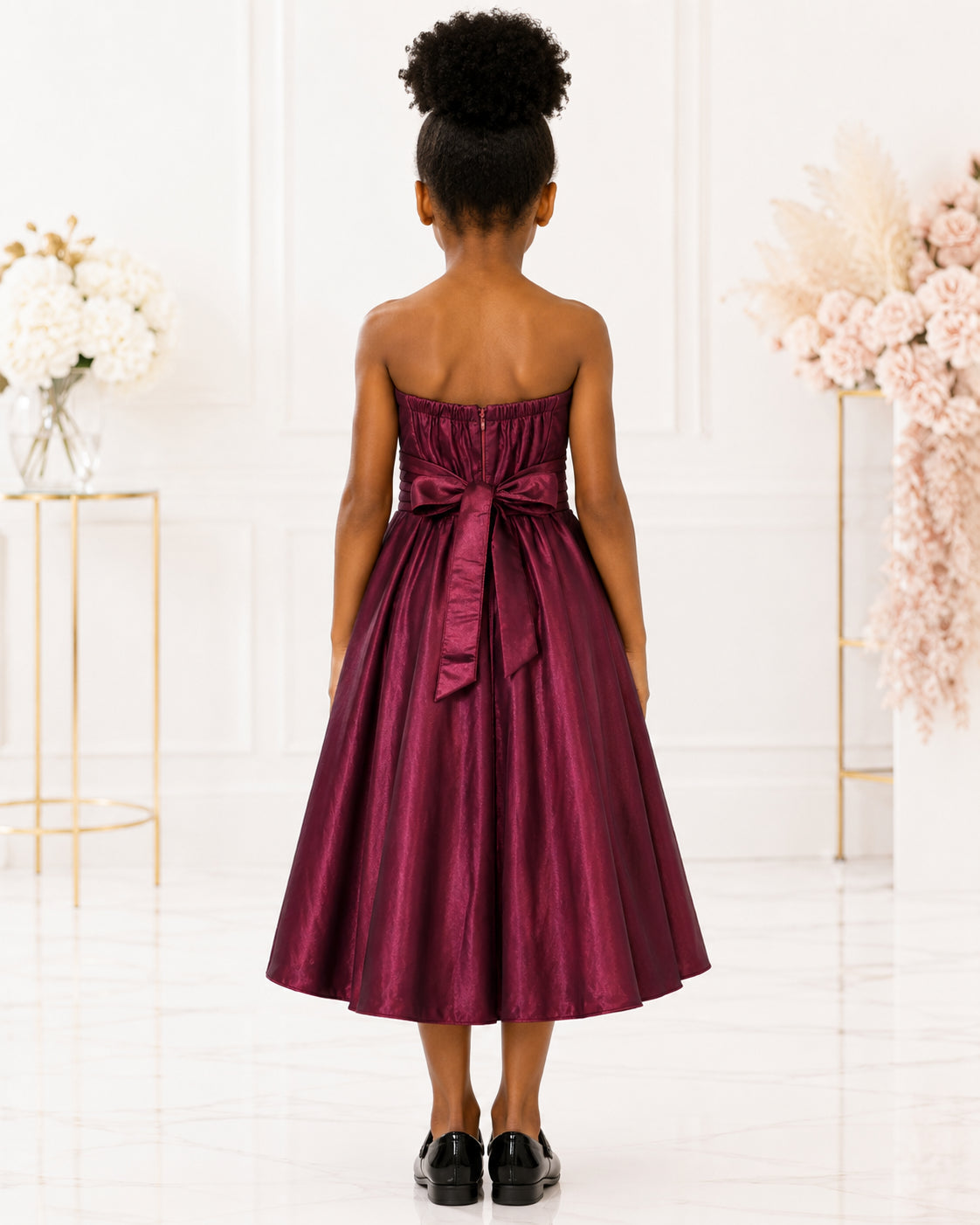 Girls Berry Strapless Ruched Taffeta Party Dress - Back View | Afayi Commerce