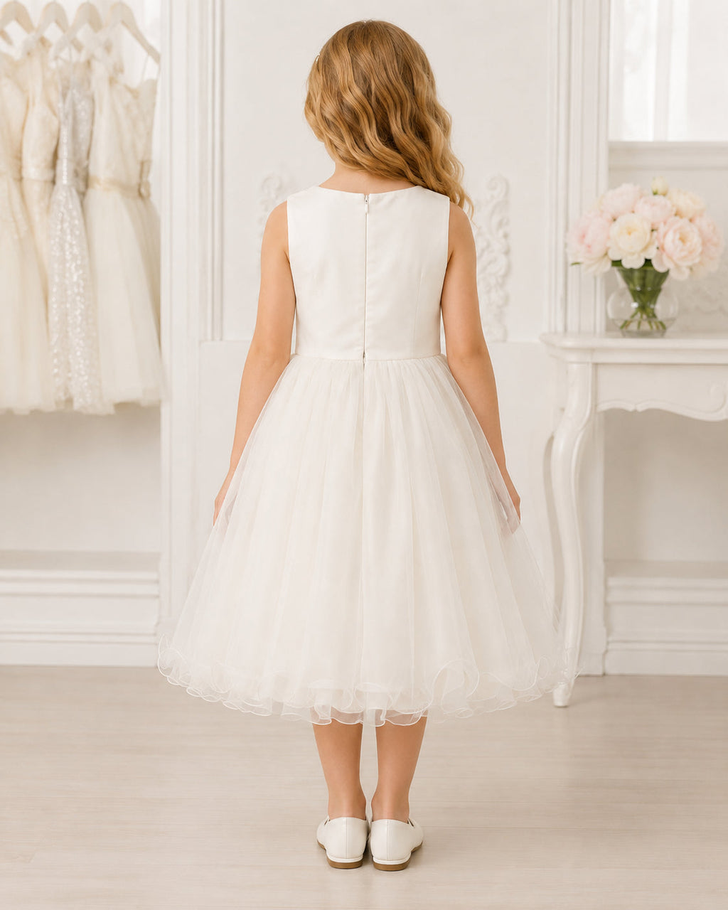 Girls Ivory Tulle Floral Applique Flower Girl Dress - Back View | Afayi Commerce