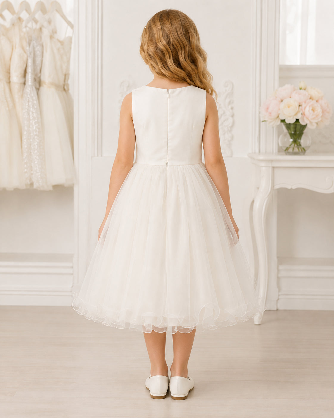 Girls Ivory Tulle Floral Applique Flower Girl Dress - Back View | Afayi Commerce
