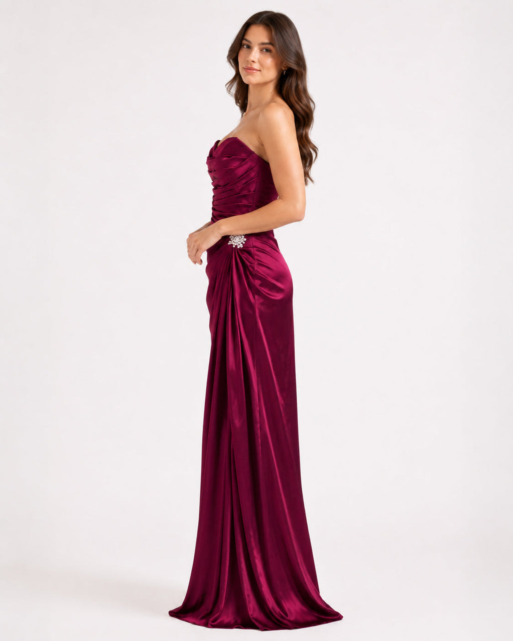 Magenta Satin Ruched Mermaid Gown - Alternate View 3 | Afayi Commerce