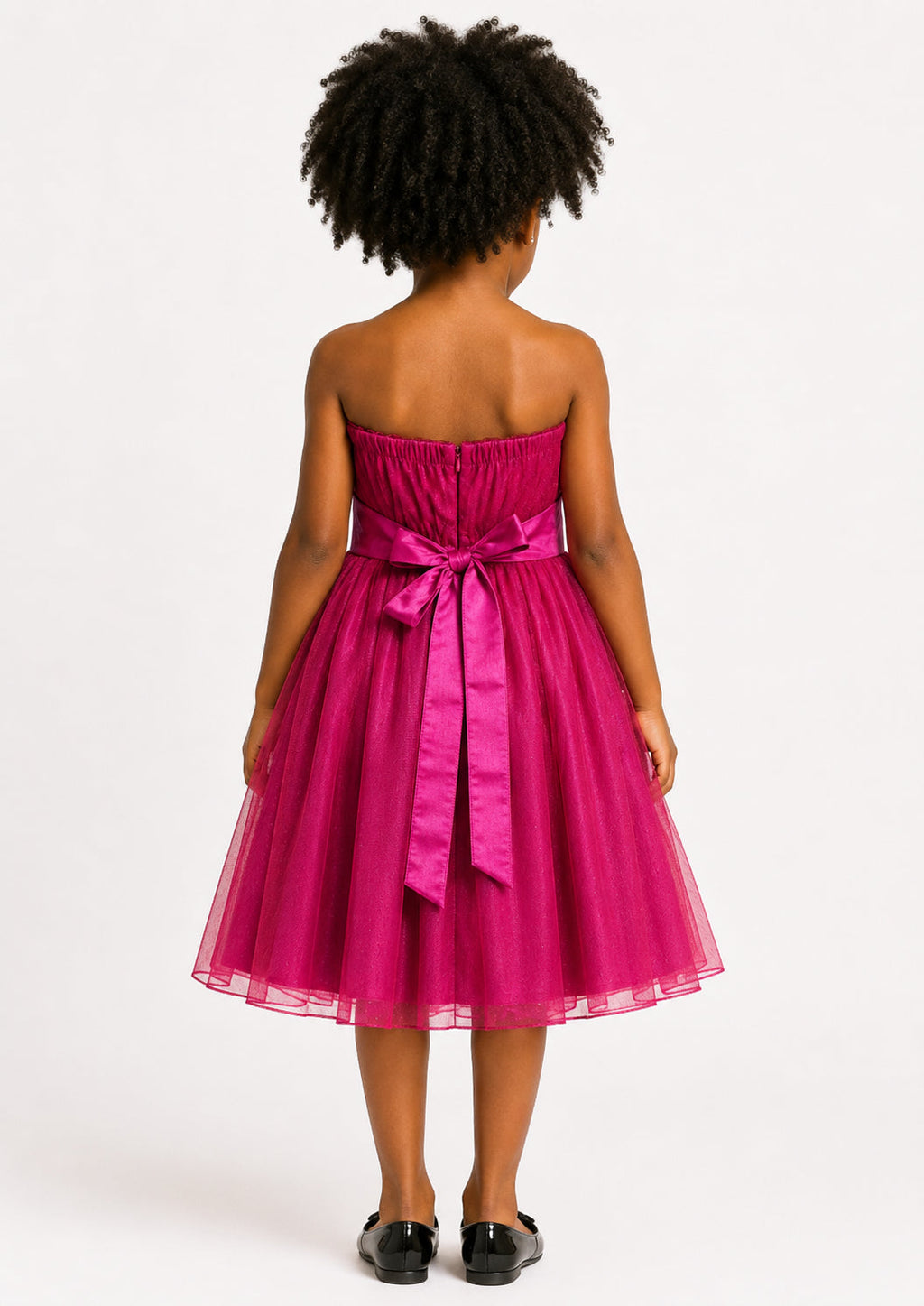 Girls Fuchsia Glitter Tulle Flower Girl Dress - Back View | Afayi Commerce