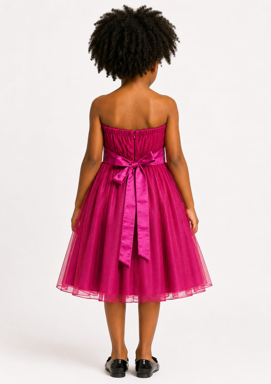Girls Fuchsia Glitter Tulle Flower Girl Dress - Back View | Afayi Commerce