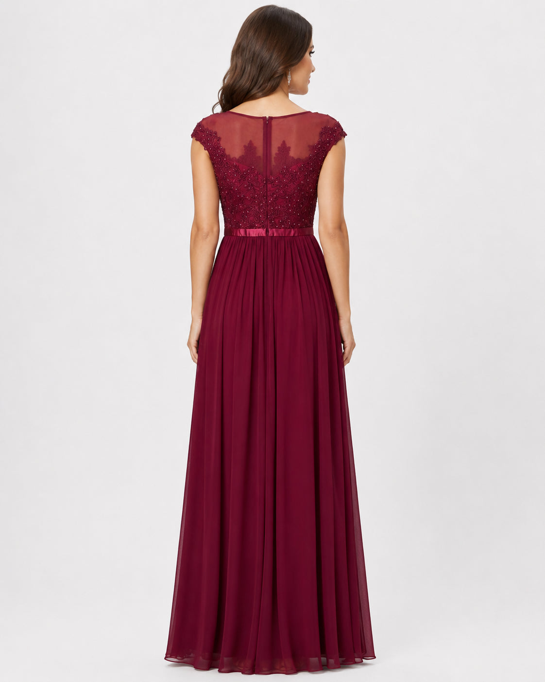 Burgundy Lace Cap-Sleeve Chiffon A-Line Gown - Alternate View 1 | Afayi Commerce