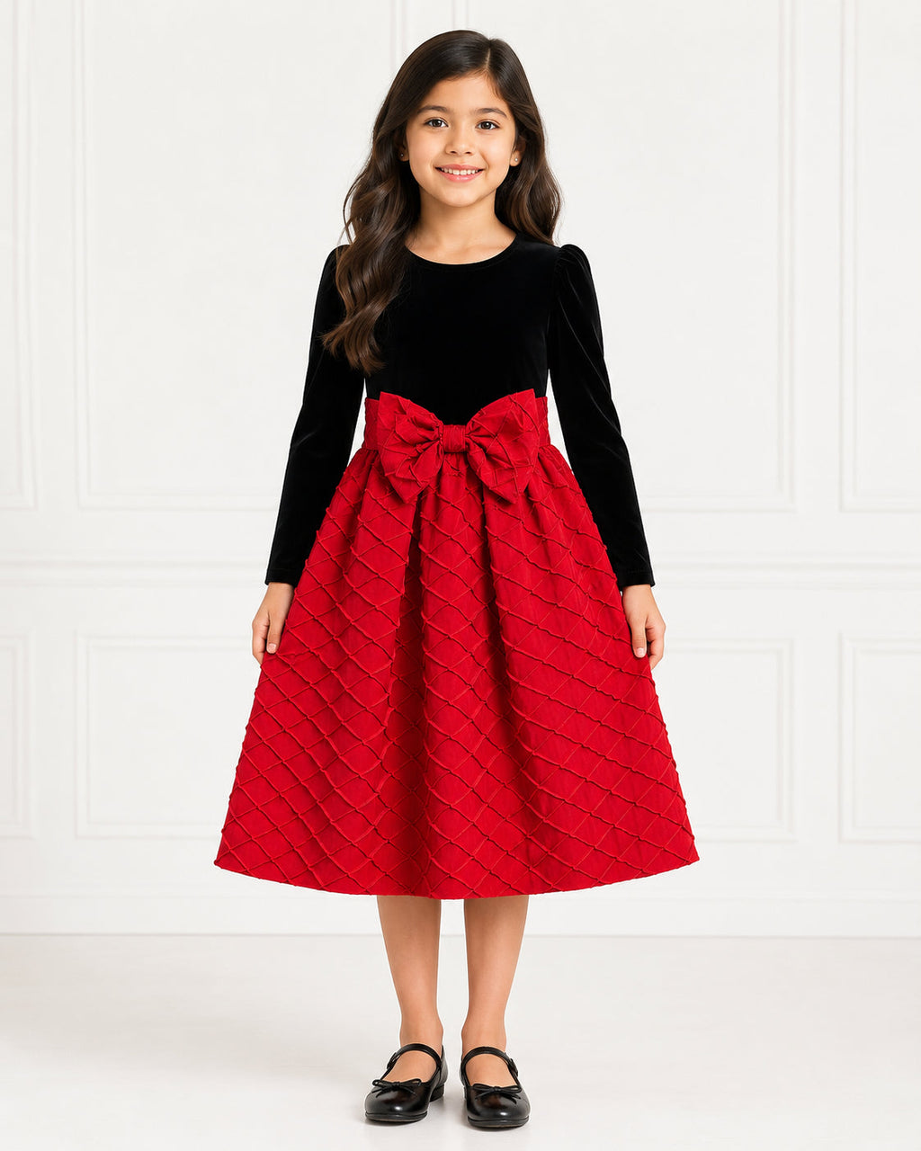 Girls Crimson Quilted Velvet Holiday Dress - Front View 2 | Afayi Commerce