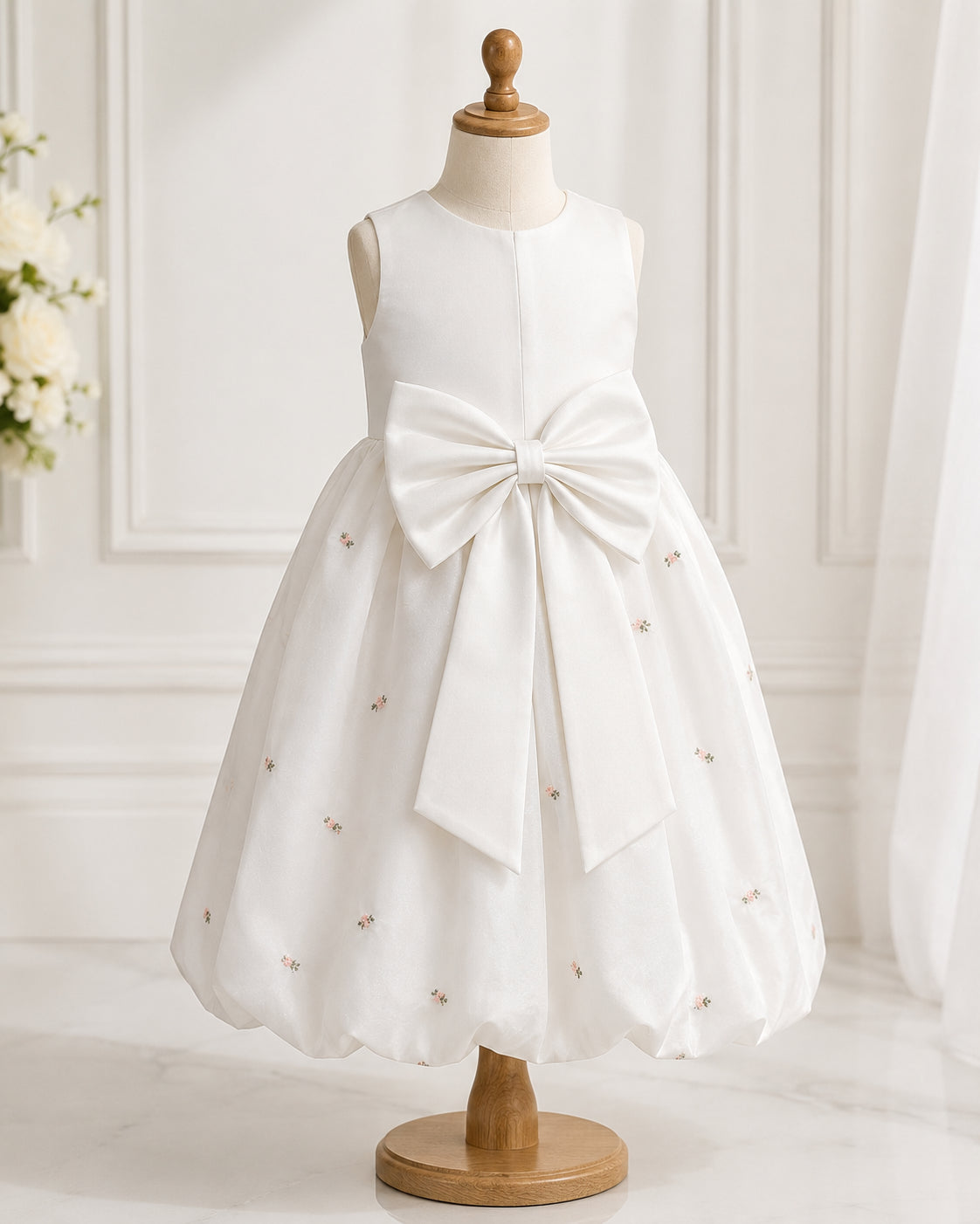 Girls Ivory Satin Rosebud Bubble-Hem Dress - Back View 2 | Afayi Commerce
