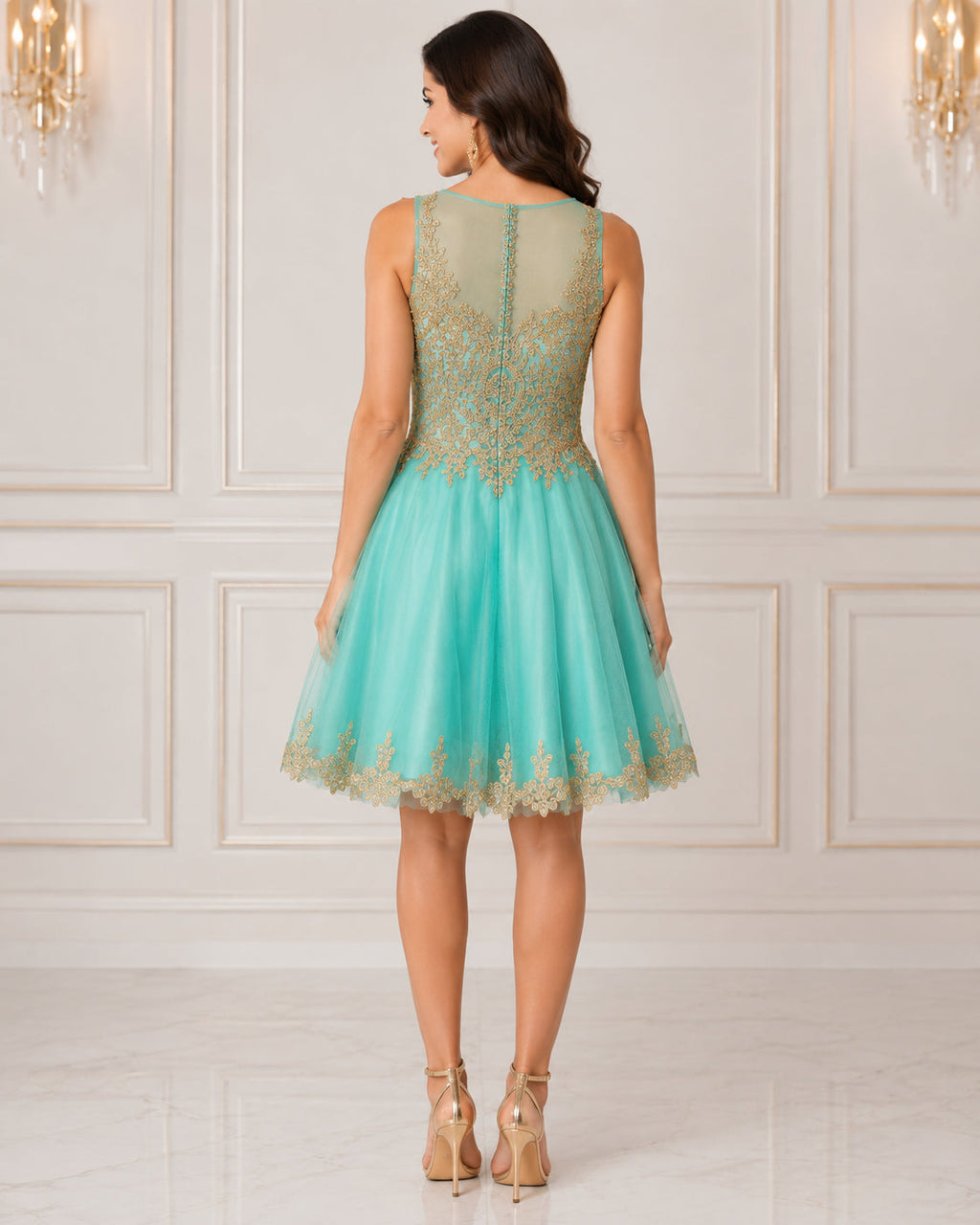 Aqua Gold-Lace Applique Tulle Party Dress - Back View | Afayi Commerce