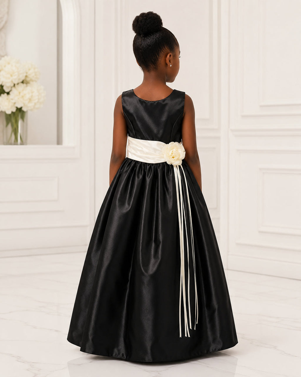 Girls Black Satin Ivory-Sash Flower Girl Dress - Back View | Afayi Commerce