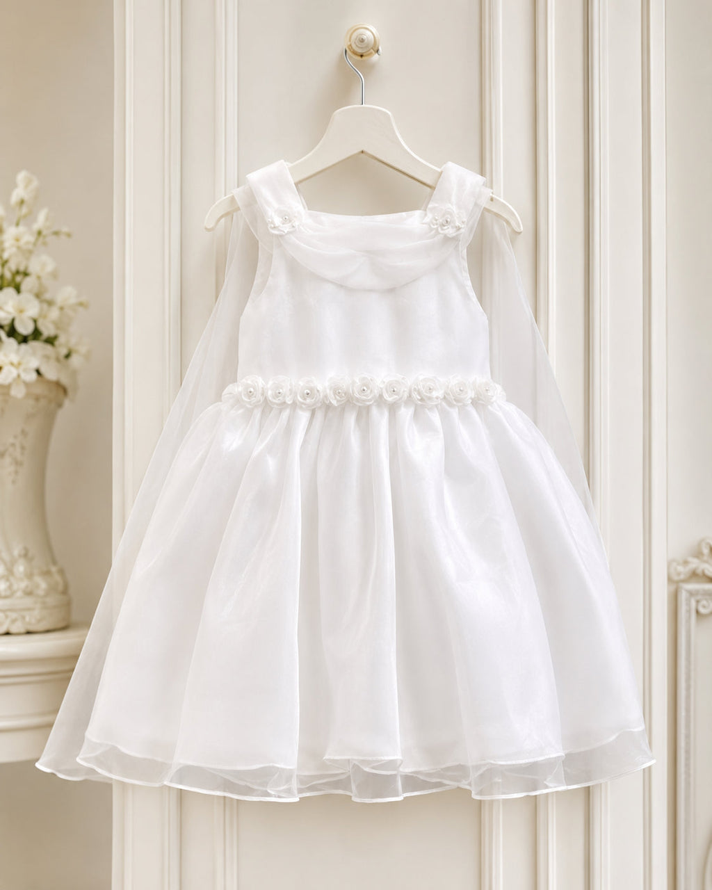Girls White Organza Rosette-Waist Flower Girl Dress - Back View | Afayi Commerce
